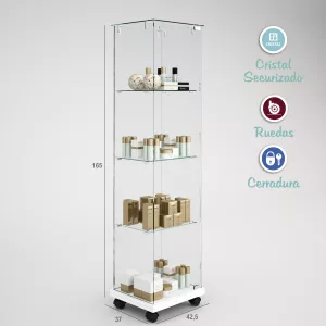 12051-Vitrina eco básica cristal templado, techo cristal y ruedas-blanca-cerradura