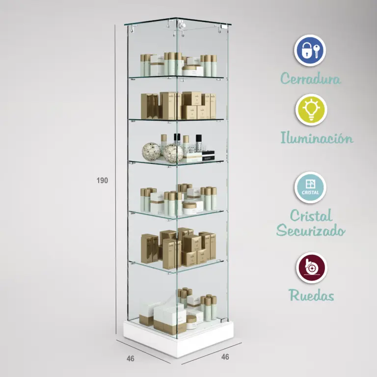 1230 - VITRINA CRISTAL TEMPLADO 5 ESTANTES 460x460x1900-BLANCO