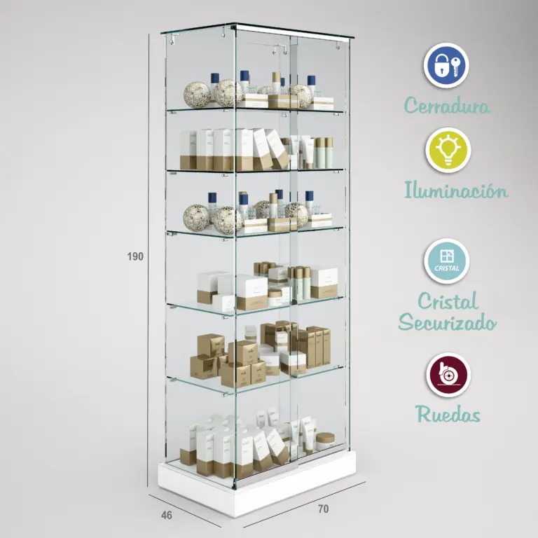 1233 - VITRINA CRISTAL TEMPLADO 5 ESTANTES 700x460x1900-BLANCO