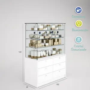 12942 - VITRINA CRISTAL TEMPLADO 3 ESTANTES Y BUCH DE 6 CAJONES-BLANCO