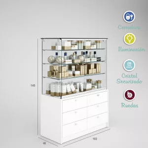 Vitrina-cristal-templado-3 estantes-buch-6 cajones-altura 145cm