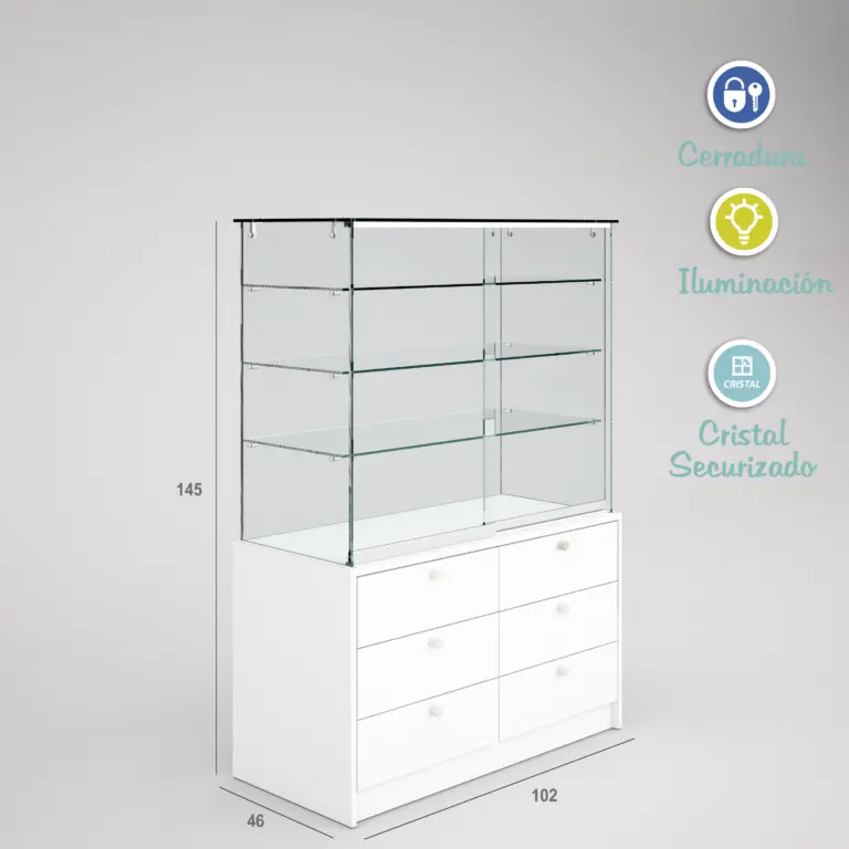 12942 - VITRINA CRISTAL TEMPLADO 3 ESTANTES Y BUCH DE 6 CAJONES