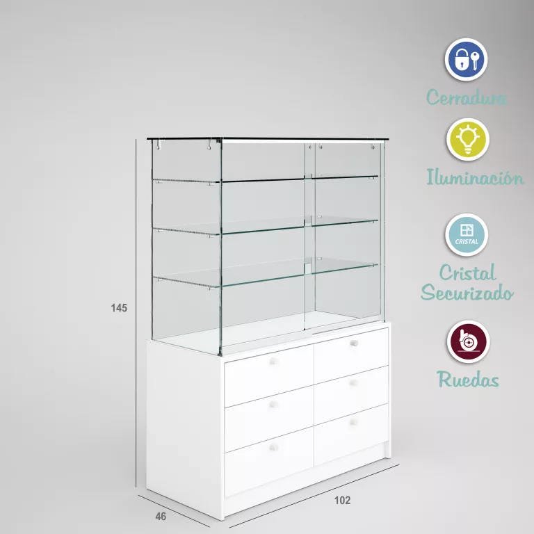 Vitrina-cristal-templado-3 estantes-buch-6 cajones-altura 145cm