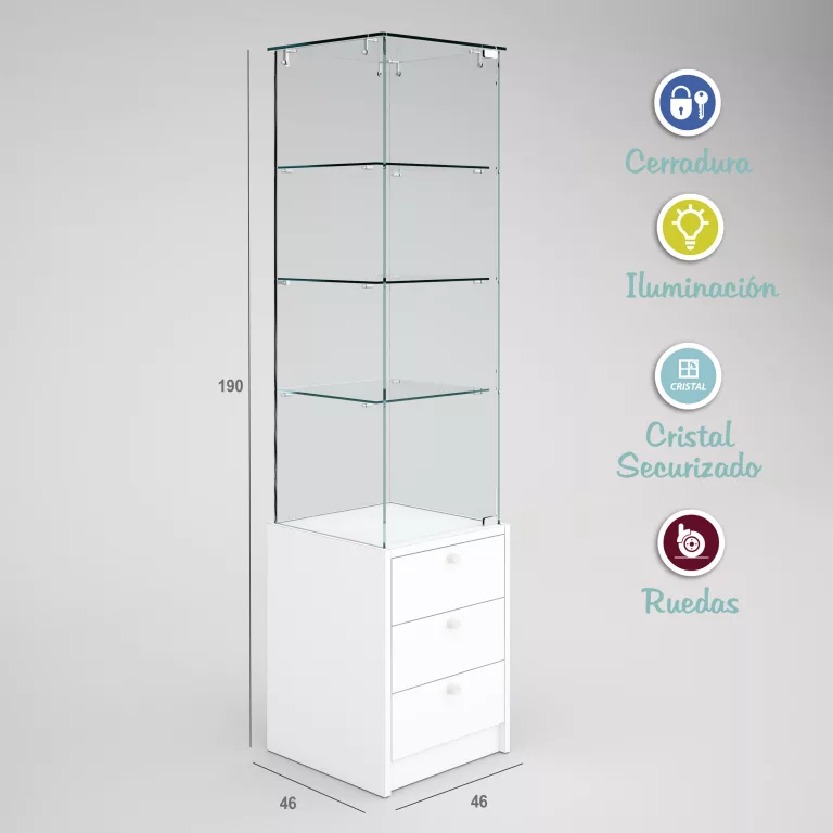 Vitrina-cristal-templado-3 estantes-buch-3 cajones