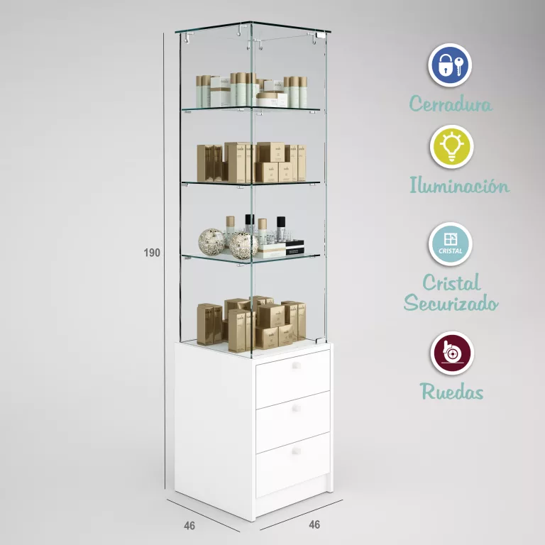 Vitrina-cristal-templado-3 estantes-buch-3 cajones