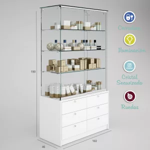 Vitrina-cristal-templado-3 estantes-buch de 6 cajones-altura 190cm