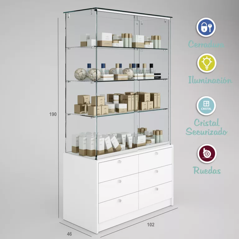 Vitrina-cristal-templado-3 estantes-buch de 6 cajones-altura 190cm