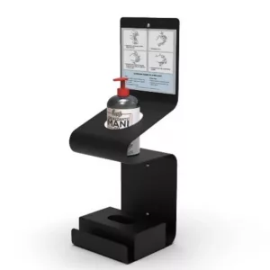 Dispensador gel  desinfectante a pared con bandeja guantes y cartel