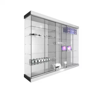 CONJUNTO 2 VITRINAS 1234 + 1 VITRINA 1233 CON TECHO MADERA Y FOCOS