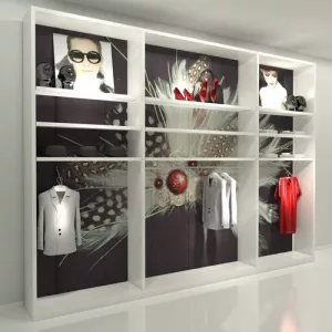 MURAL GENOVA (3 MODULOS 120-180-120) ESTANTES Y BARRA CONFECCIÓN