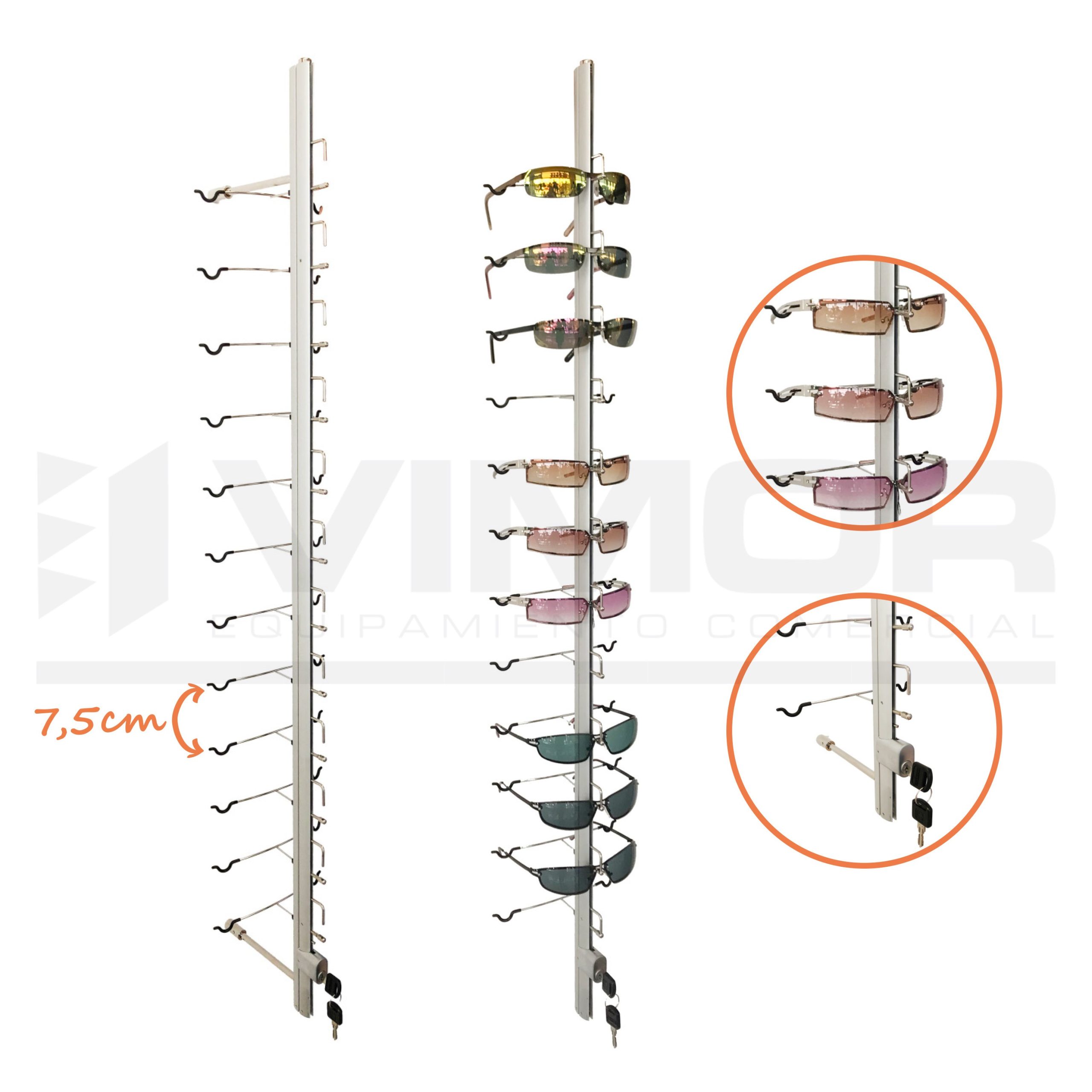 EXPOSITOR aluminio a pared 12 GAFAS 75mm ENTRE GAFAS (alto total 106cm)