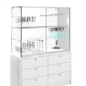 VITRINA CRISTAL TEMPLADO 3 ESTANTES Y BUCH DE 6 CAJONES