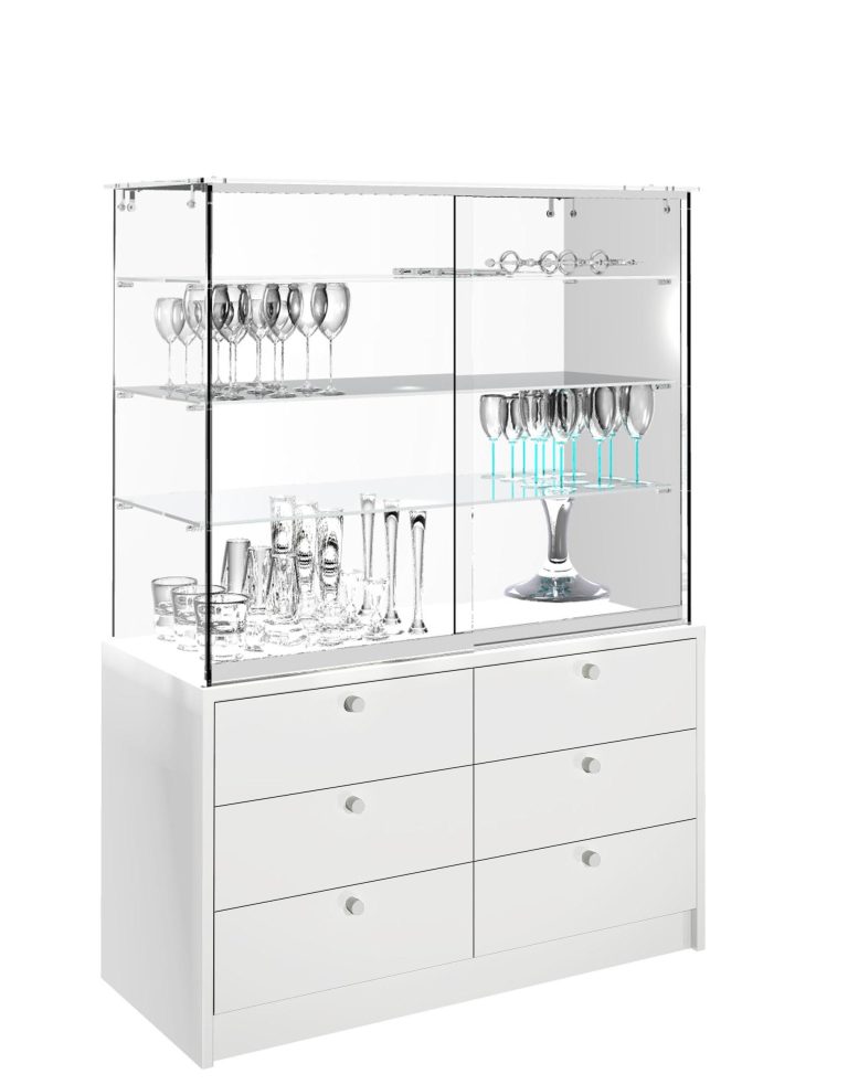 VITRINA CRISTAL TEMPLADO 3 ESTANTES Y BUCH DE 6 CAJONES