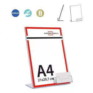 PORTACARTEL CON TARJETERO A4 vertical base L (en caja de 12 uds)