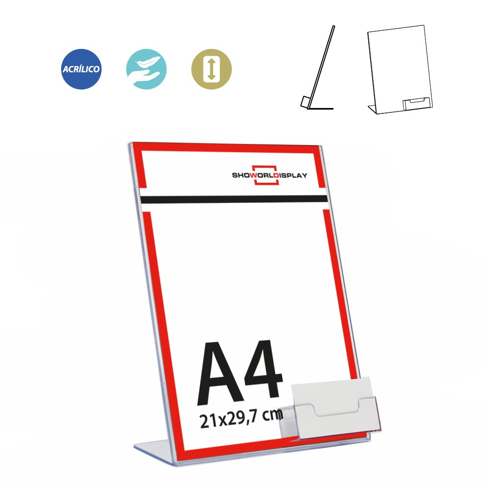 PORTACARTEL CON TARJETERO A4 vertical base L (en caja de 12 uds)