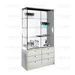 VITRINA CRISTAL TEMPLADO 3 ESTANTES Y BUCH DE 6 CAJONES