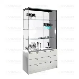 VITRINA CRISTAL TEMPLADO 3 ESTANTES Y BUCH DE 6 CAJONES