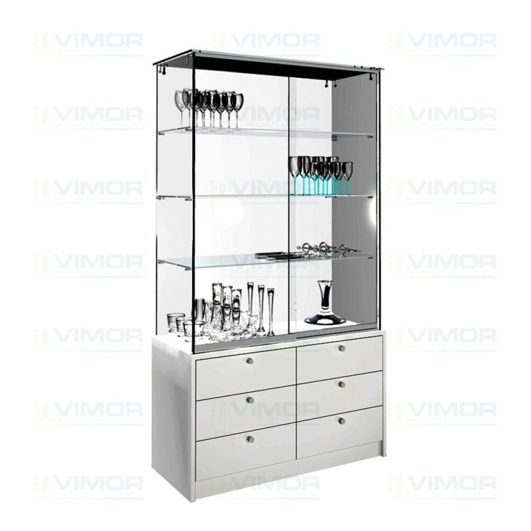 VITRINA CRISTAL TEMPLADO 3 ESTANTES Y BUCH DE 6 CAJONES