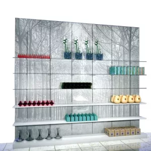 MURAL BERLIN 360cm x 280cm ESTANTES CRISTAL Y MADERA