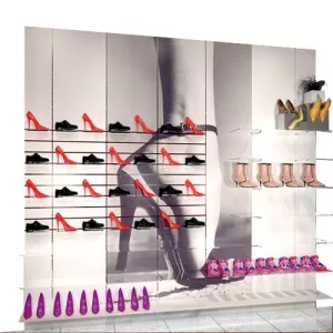 MURAL BERLIN 360cm x 280cm ESTANTES MADERA, ESTANTES CRISTAL, LAMAS Y SOPORTES CALZADO