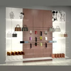 MURAL BERLIN 360cm x 280cm ESTANTES MADERA, ESTANTES CRISTAL, LAMAS Y TARIMA