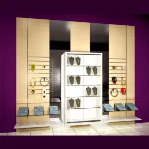 MURAL BERLIN 360cm x 280cm ESTANTES MADERA, ESTANTES CRISTAL Y VITRINA