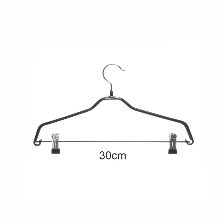 Percha antideslizante con pinzas. Ideal para conjuntos, camisas, pantalones, faldas infantil. 30cm de largo. Color negro.
