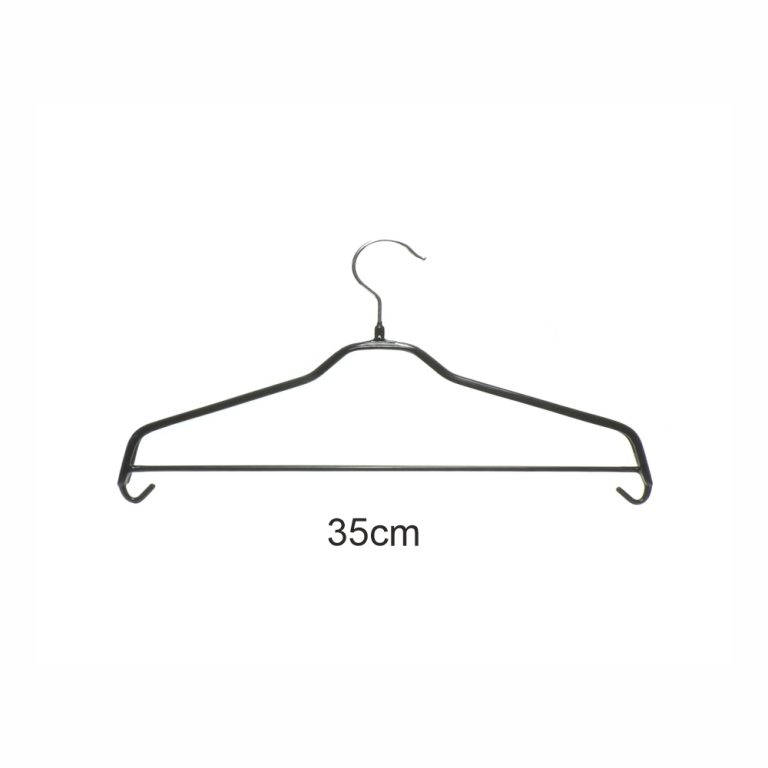 Percha antideslizante para conjuntos con ganchos. Ideal para conjuntos, camisas, pantalones, faldas 35cm de largo. Color negro.