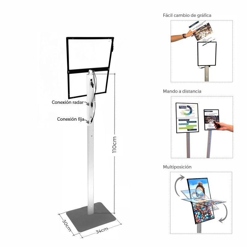PORTACARTEL LED SOBRE DIN A3-MANDO-SENSOR DE MOVIMIENTO-BATERIA