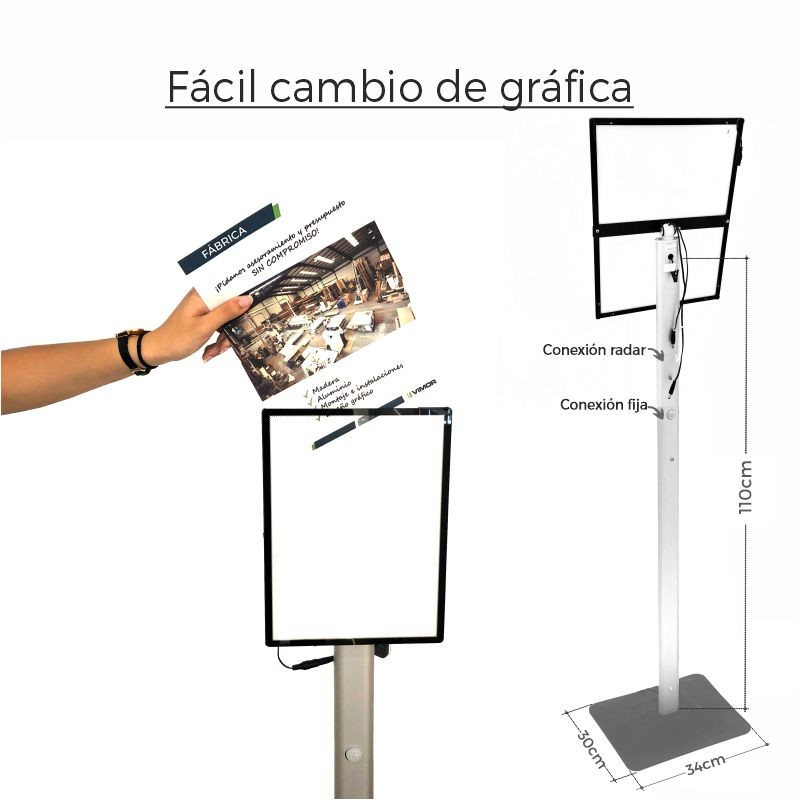 PORTACARTEL LED SOBRE DIN A3-MANDO-SENSOR DE MOVIMIENTO-BATERIA
