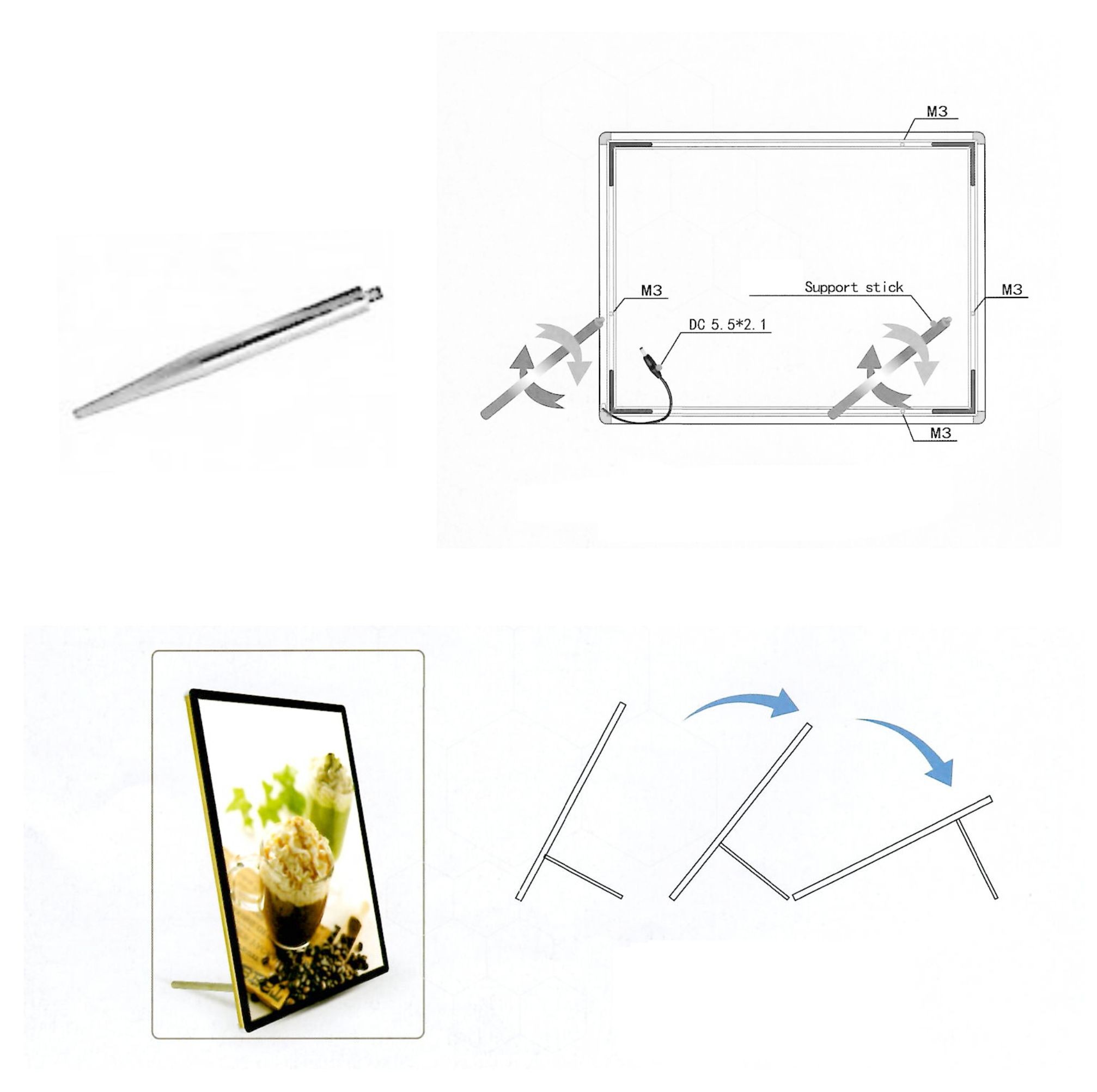 PORTACARTEL LED SOBRE A3 CON ENGANCHES A PARED Y MESA