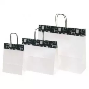 Bolsa de papel asa retorcida blanco-negro 18+8x25