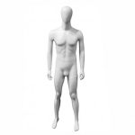 Maniquí caballero de fibra con cabeza sin rostro. Base cromada para coger al talón y/o la pierna. Color blanco mate. Precio de venta unitario.