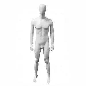 Maniquí caballero de fibra con cabeza sin rostro. Base cromada para coger al talón y/o la pierna. Color blanco mate. Precio de venta unitario.