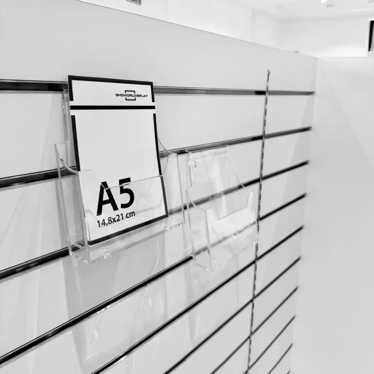 Expositor folletos DIN A5, sobremesa, pared y sistema lamas