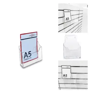 Expositor folletos DIN A5, sobremesa, pared y sistema lamas