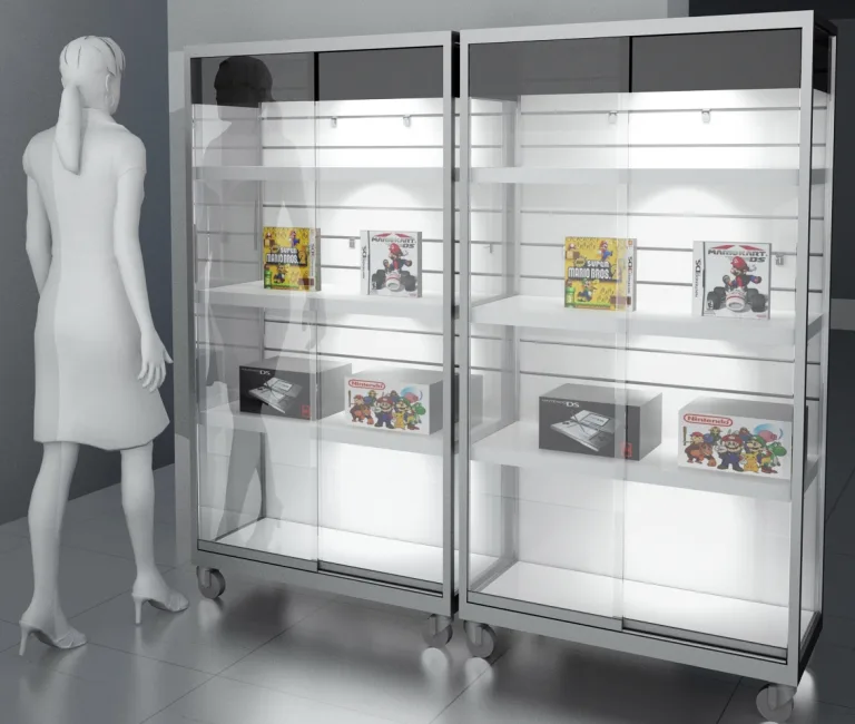 Vitrina con estantes y fondo lamas