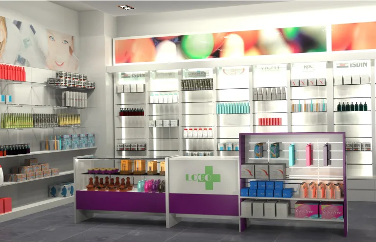 Mostrador cremalleras y estanterías madera