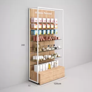 Estantería Modular SQ con estantes cristal y cajonera (Tubo Cuadrado25mm)