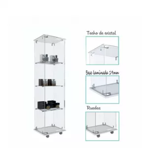 Vitrina eco básica cristal templado, techo cristal y ruedas