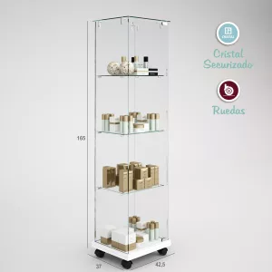1206FS-Vitrina eco básica cristal templado, techo cristal y ruedas-blanca