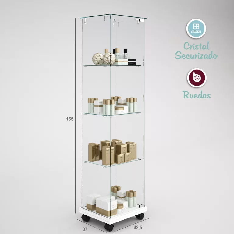 1206FS-Vitrina eco básica cristal templado, techo cristal y ruedas-blanca