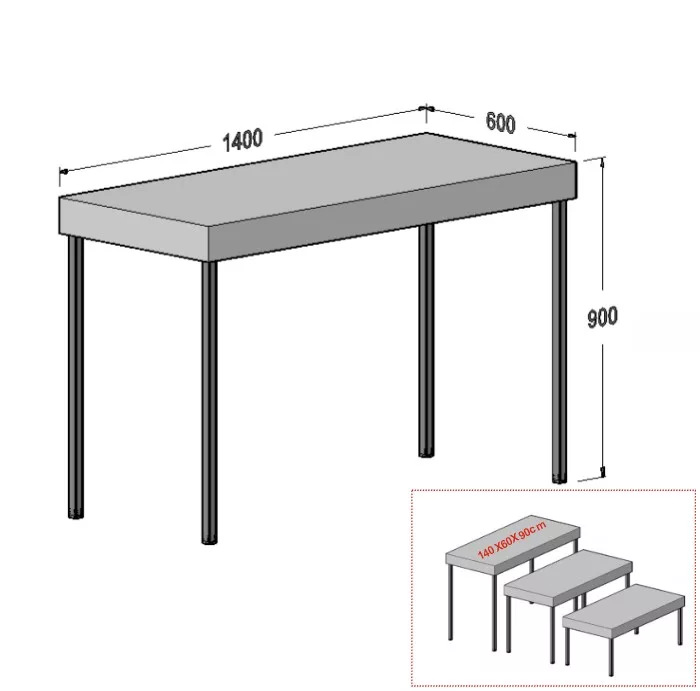 208455-01-90-PRO Mesa góndola tubo SQ 25mm y encimera regruesada 1400x600x900mm