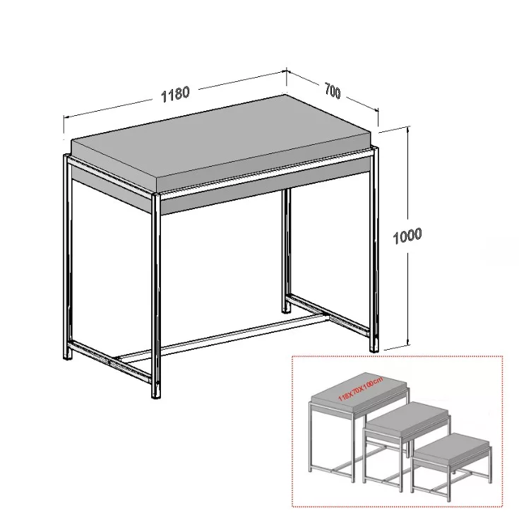 Mesas nido tubo cuadrado SQ de 25mm tapa efecto regruesado 118x70x100cm