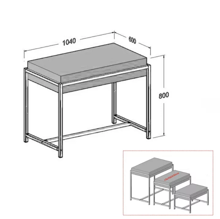 Mesa nido tubo cuadrado SQ de 25mm tapa interior efecto regruesado 104x60x80cm