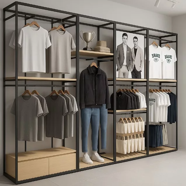 Modulo Pared de Estanterías SQ con barras colgadoras, estantes y cajonera (Tubo Cuadrado25mm)