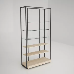 Estantería Modular SQ con estantes cristal, estantes madera y tarima (Tubo Cuadrado25mm)