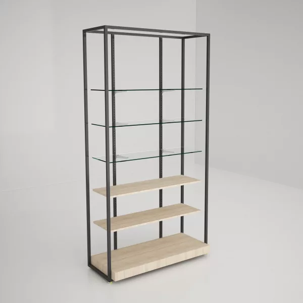 Estantería Modular SQ con estantes cristal, estantes madera y tarima (Tubo Cuadrado25mm)