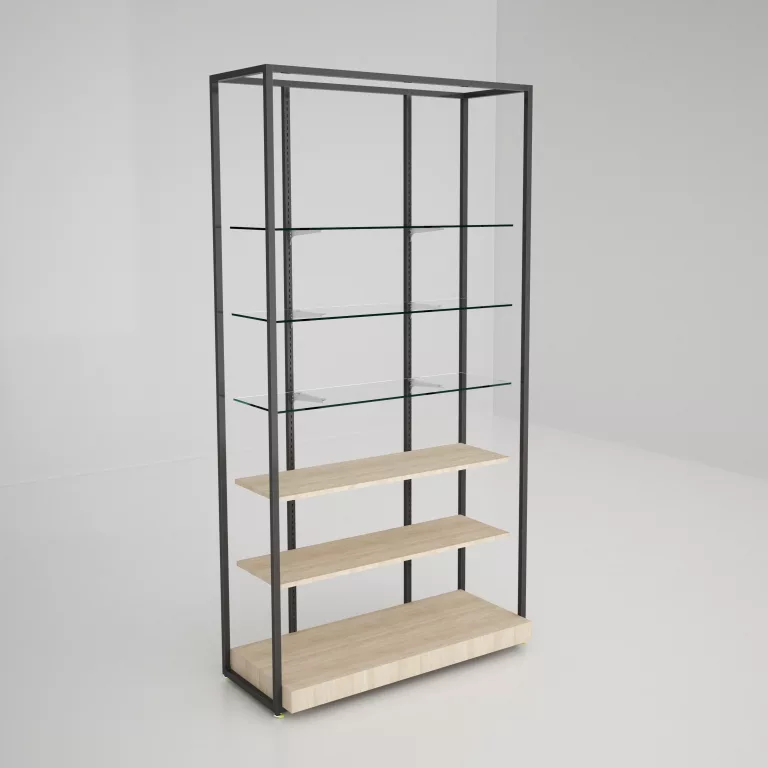 Estantería Modular SQ con estantes cristal, estantes madera y tarima (Tubo Cuadrado25mm)