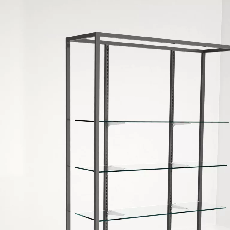 DETALLE Estantería Modular SQ con estantes cristal, estantes madera y tarima (Tubo Cuadrado25mm)